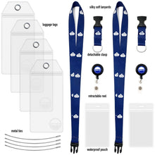 Load image into Gallery viewer, carnival cruise lanyard on woman with luggage tags blue navy