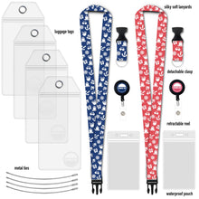 Load image into Gallery viewer, carnival cruise lanyard on woman with luggage tags blue pink icons blue and pink icons