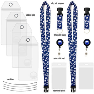 carnival cruise lanyard on woman with luggage tags blue with white