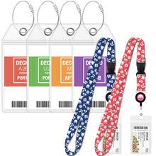 Load image into Gallery viewer, cruise lanyards with id holder and luggage tags carnival blue pink icons blue and pink icons