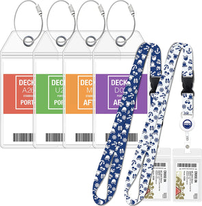Carnival Cruise Luggage Large Tag Holders [4 Pack] & Cruise Lanyard Set [2 Pack] Clear, Plastic & Waterproof, Blue & White