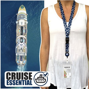 cruise lanyard on woman wrwb blue and white